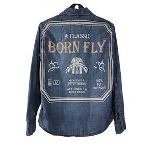 Born Fly Men's Medium Denim Shirt Patches Work Back‎ Graphic Long Sleeve Button